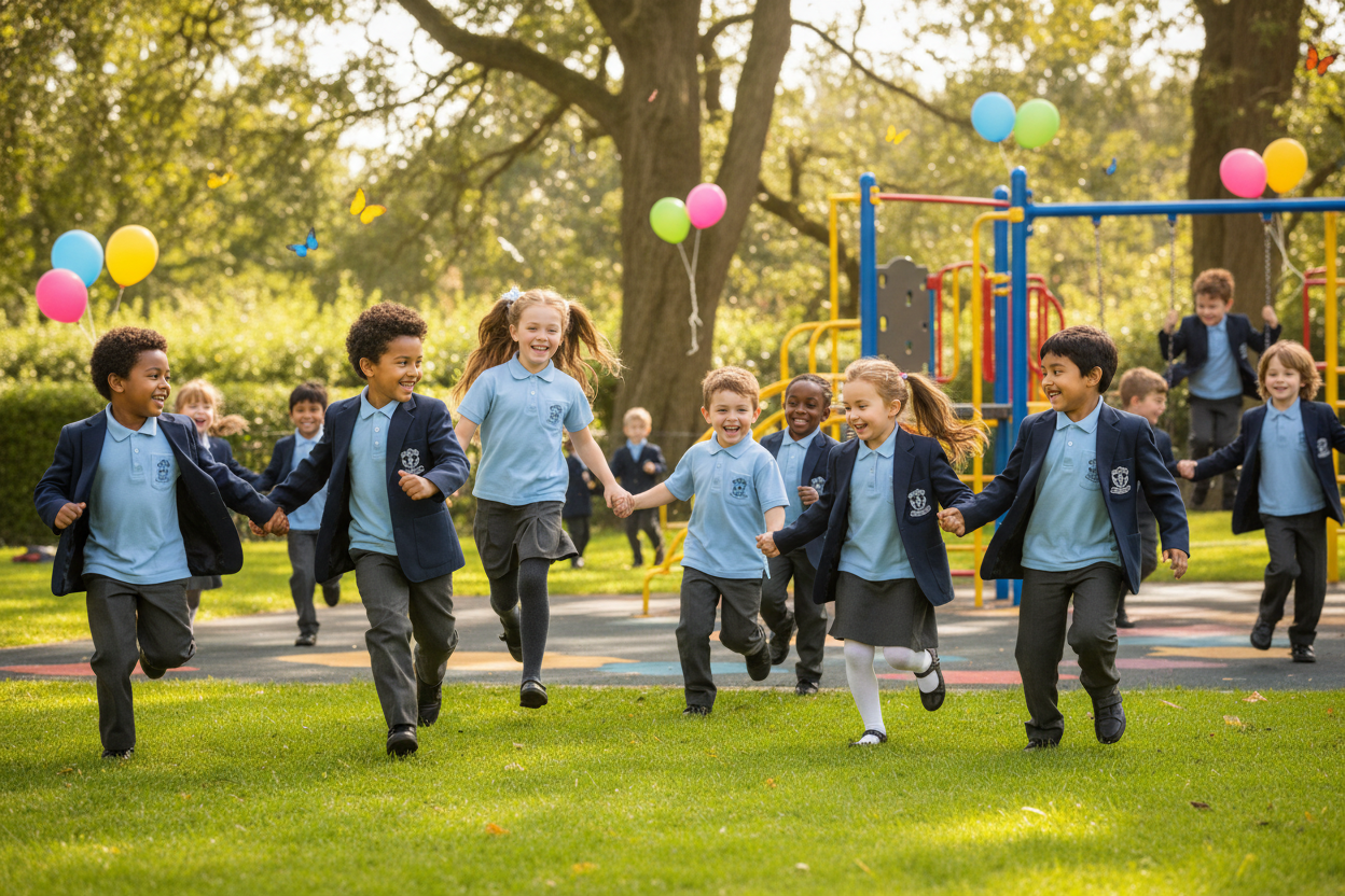 generate image with school children where uniforms with logo and playing happily